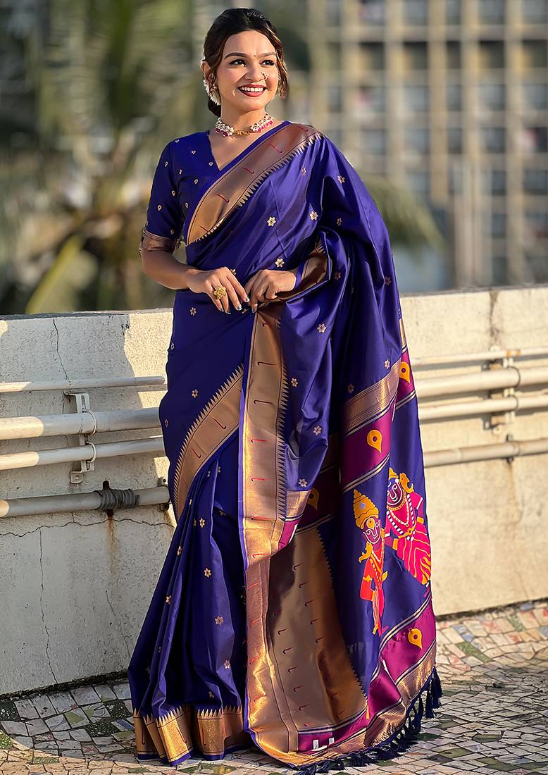 Violet woven self design pure silk paithani saree with blouse