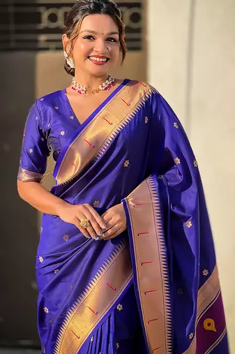 Violet woven self design pure silk paithani saree with blouse