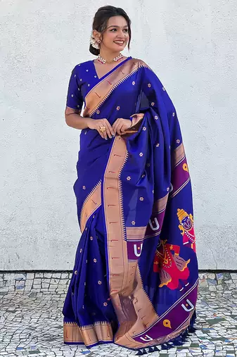 Violet woven self design pure silk paithani saree with blouse
