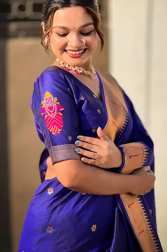 Violet woven self design pure silk paithani saree with blouse