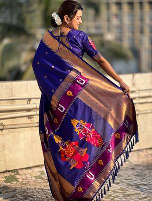 Violet woven self design pure silk paithani saree with blouse 5