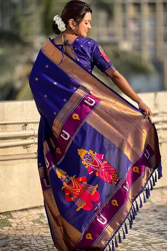 Violet woven self design pure silk paithani saree with blouse