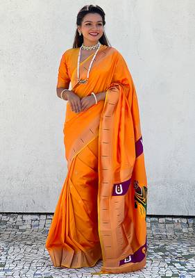 Yellow woven self design pure silk paithani saree with blouse 1