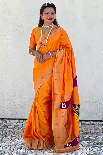 Yellow woven self design pure silk paithani saree with blouse
