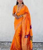 Yellow woven self design pure silk paithani saree with blouse