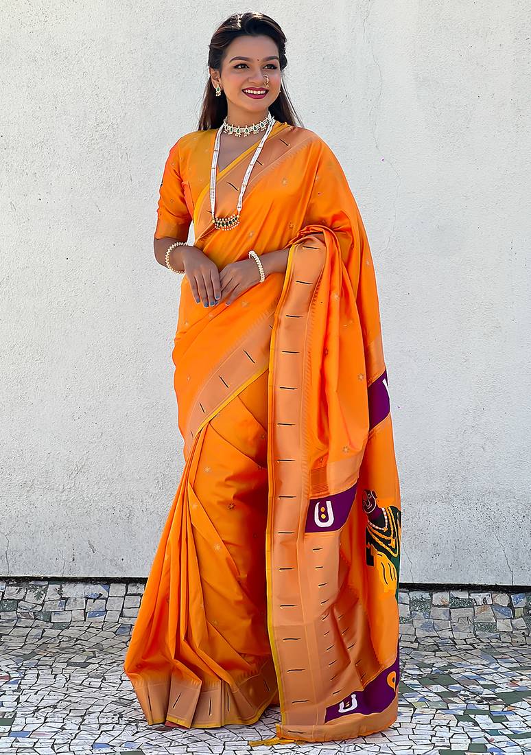 Yellow woven self design pure silk paithani saree with blouse