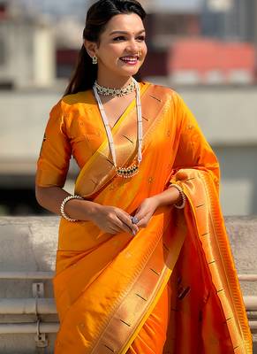 Yellow woven self design pure silk paithani saree with blouse 2