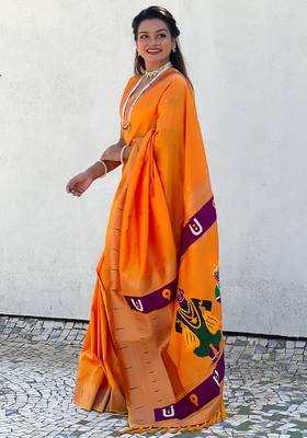 Yellow woven self design pure silk paithani saree with blouse 3