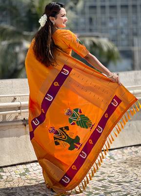 Yellow woven self design pure silk paithani saree with blouse 5