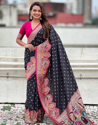 Black woven self design pashmina silk saree with blouse 1