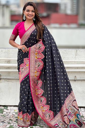 Black woven self design pashmina silk saree with blouse