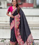 Black woven self design pashmina silk saree with blouse