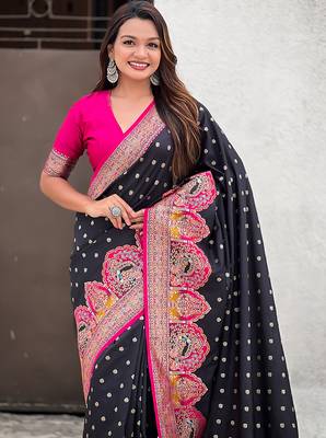Black woven self design pashmina silk saree with blouse 2
