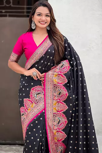 Black woven self design pashmina silk saree with blouse