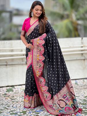 Black woven self design pashmina silk saree with blouse 3
