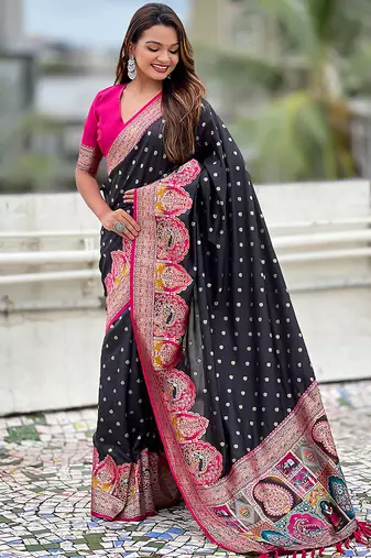 Black woven self design pashmina silk saree with blouse
