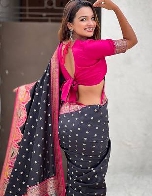 Black woven self design pashmina silk saree with blouse 4