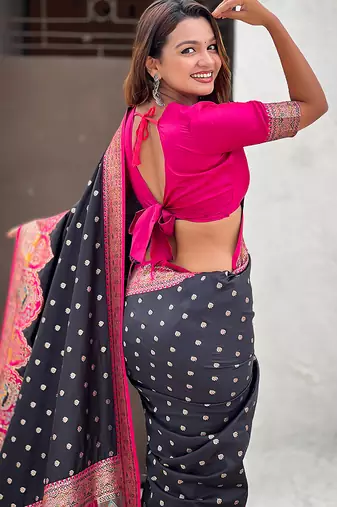Black woven self design pashmina silk saree with blouse