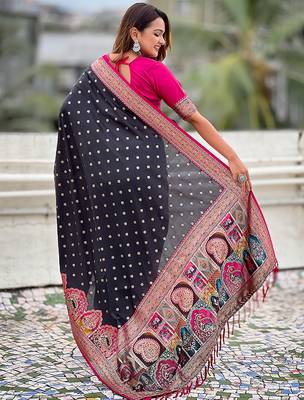 Black woven self design pashmina silk saree with blouse 5