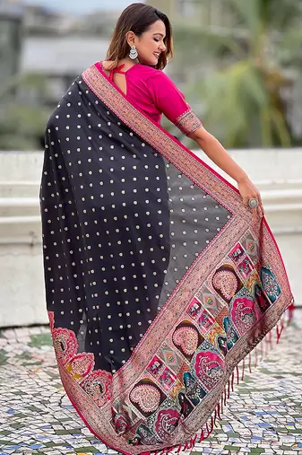 Black woven self design pashmina silk saree with blouse