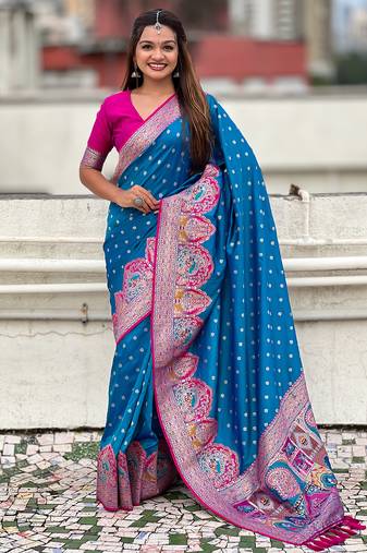 Blue woven self design pashmina silk saree with blouse