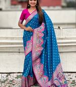 Blue woven self design pashmina silk saree with blouse