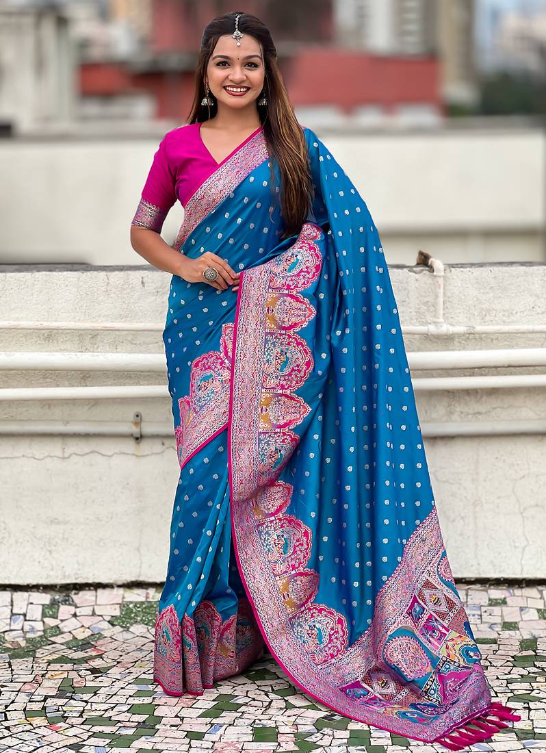 Blue woven self design pashmina silk saree with blouse