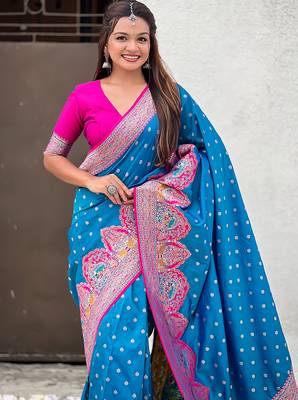 Blue woven self design pashmina silk saree with blouse 2