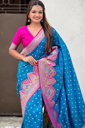 Blue woven self design pashmina silk saree with blouse