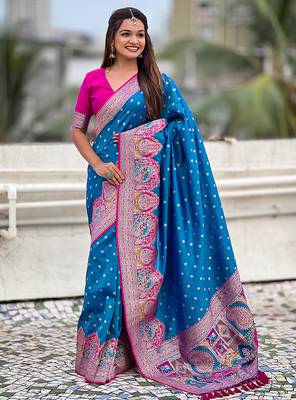 Blue woven self design pashmina silk saree with blouse 3