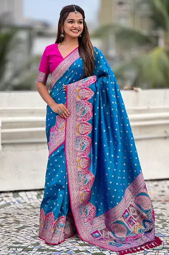 Blue woven self design pashmina silk saree with blouse