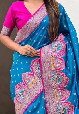 Blue woven self design pashmina silk saree with blouse 4