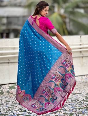 Blue woven self design pashmina silk saree with blouse 5