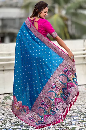 Blue woven self design pashmina silk saree with blouse