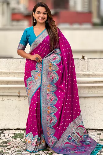 Magenta woven self design pashmina silk saree with blouse