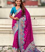Magenta woven self design pashmina silk saree with blouse