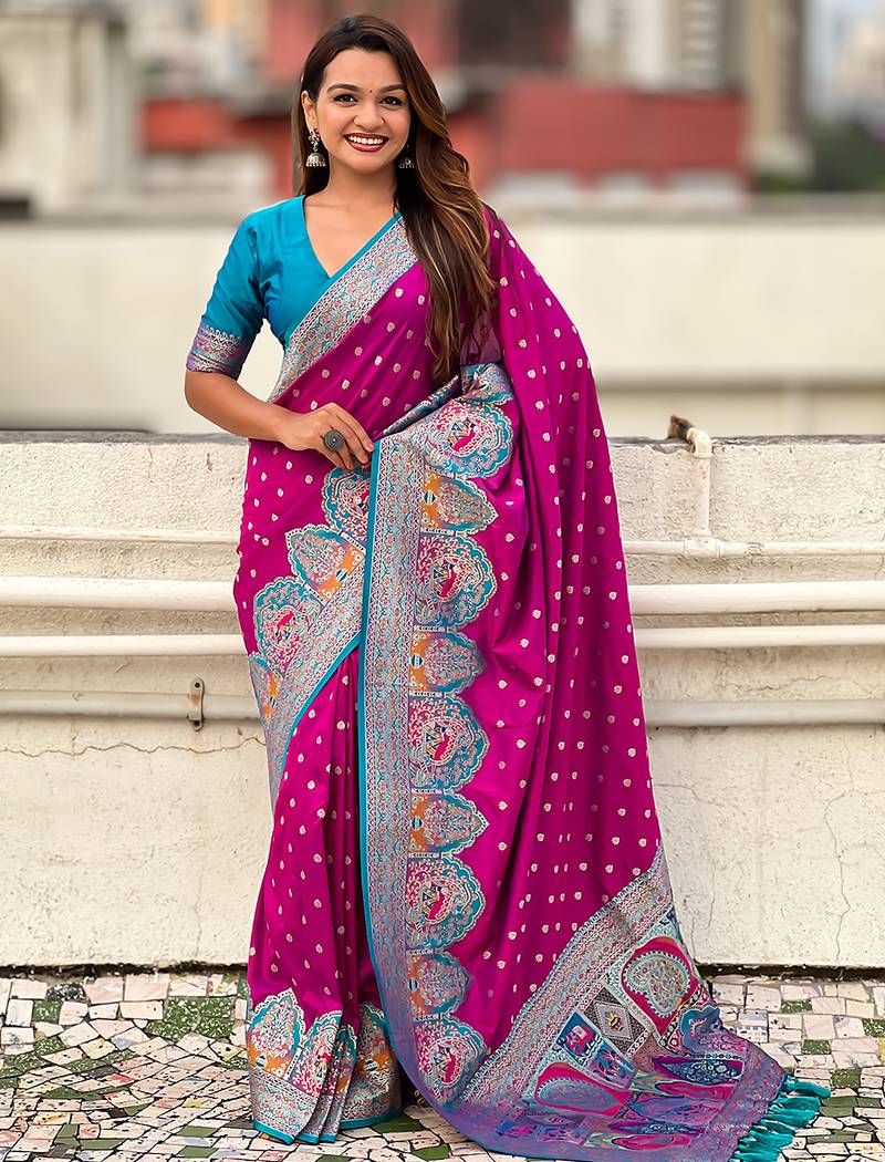Magenta woven self design pashmina silk saree with blouse