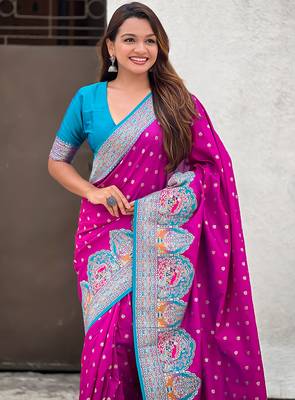 Magenta woven self design pashmina silk saree with blouse 2