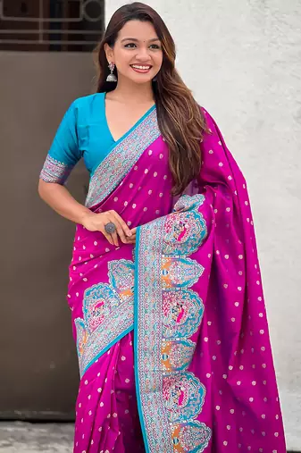 Magenta woven self design pashmina silk saree with blouse
