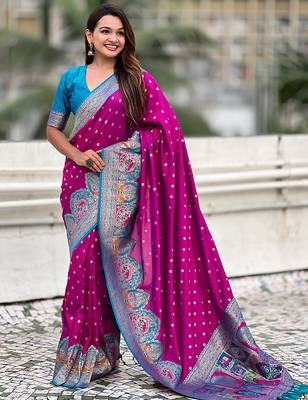 Magenta woven self design pashmina silk saree with blouse 3