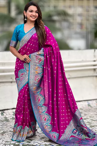 Magenta woven self design pashmina silk saree with blouse