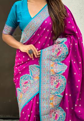 Magenta woven self design pashmina silk saree with blouse 4