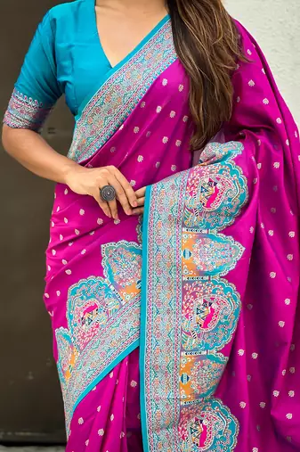 Magenta woven self design pashmina silk saree with blouse