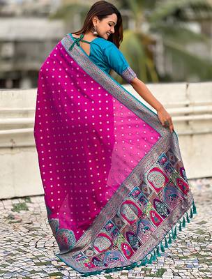 Magenta woven self design pashmina silk saree with blouse 5