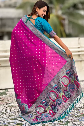 Magenta woven self design pashmina silk saree with blouse