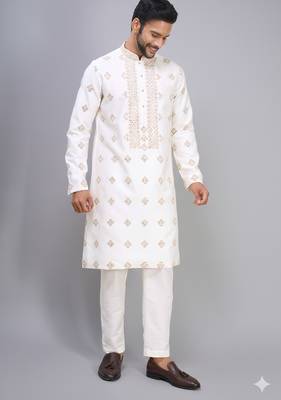 men’s off white silk kurta pant with full embroidery 1