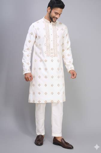 men’s off white silk kurta pant with full embroidery