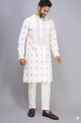 men’s off white silk kurta pant with full embroidery