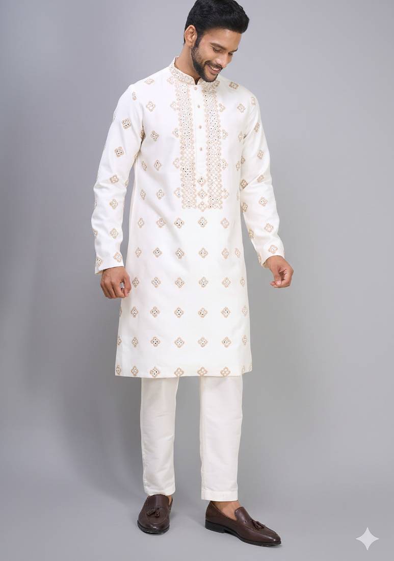 men’s off white silk kurta pant with full embroidery