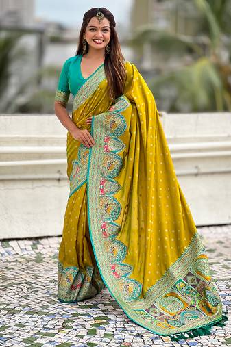 Mehendi woven self design pashmina silk saree with blouse